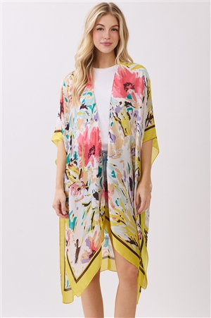S30-1-1-MS0473YE - ABSTRACT FLORAL  PRINT SILKY FEEL KIMONO-YELLOW/6PCS