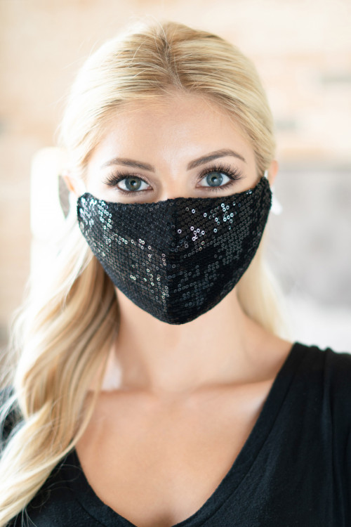 S4-9-3-MSK2001BK BLACK GLITTER SEQUINS FASHION FACE MASK W/ FILTER POCKET/6PCS ***WARNING: California Proposition 65***