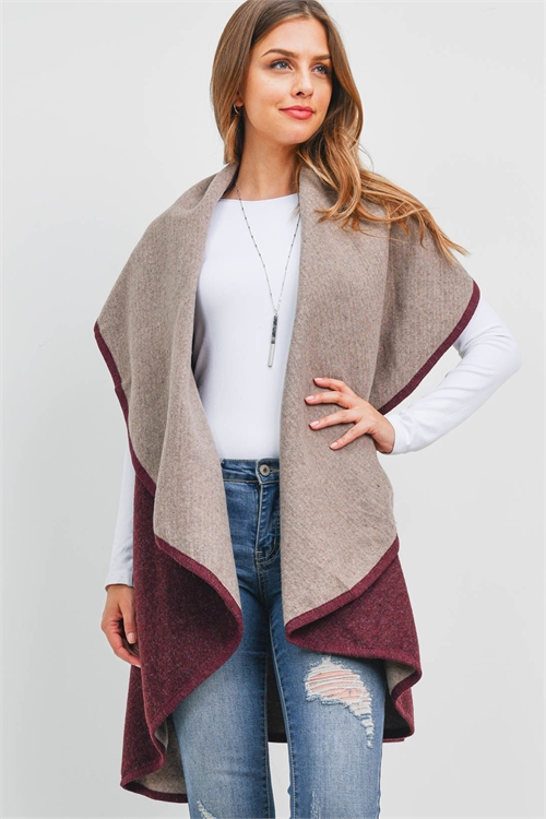 S20-7-4-MSV0001BU - TWO TONE REVERSIBLE SHAWL VEST - BURGUNDY/6PCS