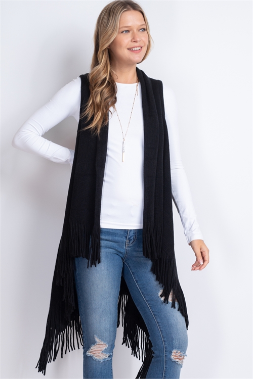 discont---S27-3-1-MSV0006BK - SOLID FRINGE KNIT VEST BLACK /6PCS