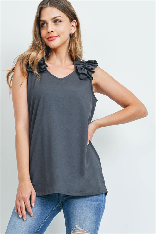 S8-8-2-MT-57096-AGY - BRUSHED DTY RUFFLE TRIM SLEEVELESS TOP- ASH GREY 1-1-2-2