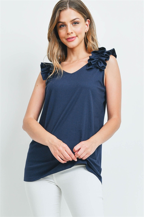 SA3-7-4-MT-57096-NV - BRUSHED DTY RUFFLE TRIM SLEEVELESS TOP- NAVY 1-1-2-2