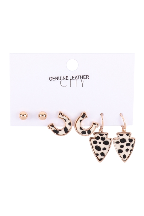 A2-5-1-MTE0100CHWHT - HORSESHOE ARROW HEAD GENUINE LEATHER 3 PAIR SET EARRING - CHEETAH WHITE/6PCS