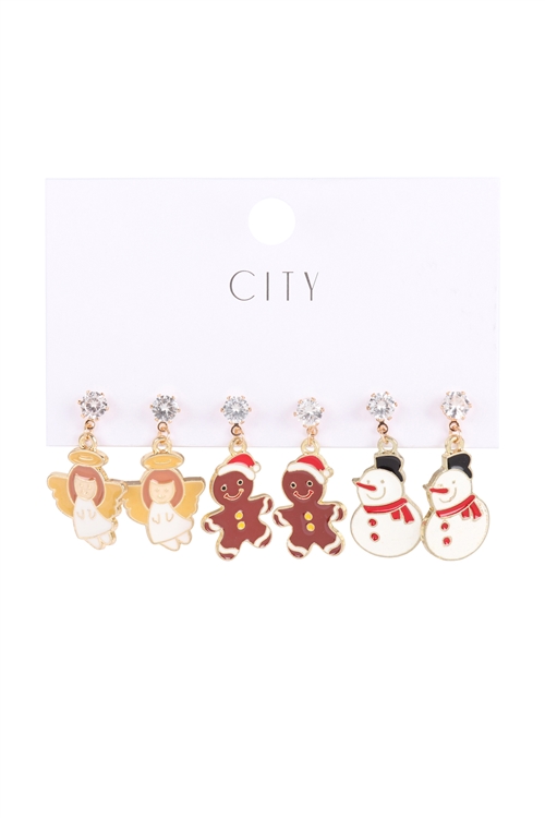 A2-3-1-MTE0142GD - CHRISTMAS SNOWMAN 3 PAIRS  EARRING SET - GOLD/6PCS