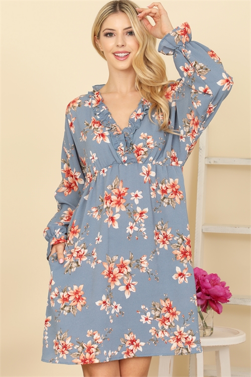S11-1-2-MUD10002-DNM-A - FLORAL RUFFLE PLUNGING NECKLINE DRESS- DENIM  2-3-0(NOW $6.75 ONLY! )