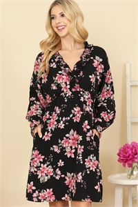 SA4-4-2-MUD10002-DSTRS - FLORAL RUFFLE PLUNGING NECKLINE DRESS- DUSTY ROSE 2-2-2 (NOW $6.75 ONLY! )