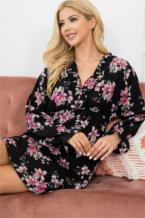 C90-B-MUD10002-DSTRS-A - FLORAL RUFFLE PLUNGING NECKLINE DRESS- DUSTY ROSE 2-2-1