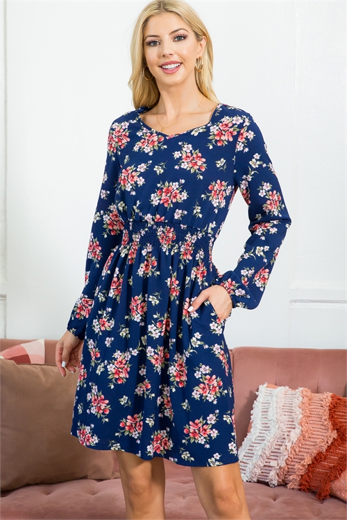 C66-B-MUD10005-NV-A - FLORAL SMOCK WAIST PUFF SLEEVE DRESS- NAVY 1-0-2