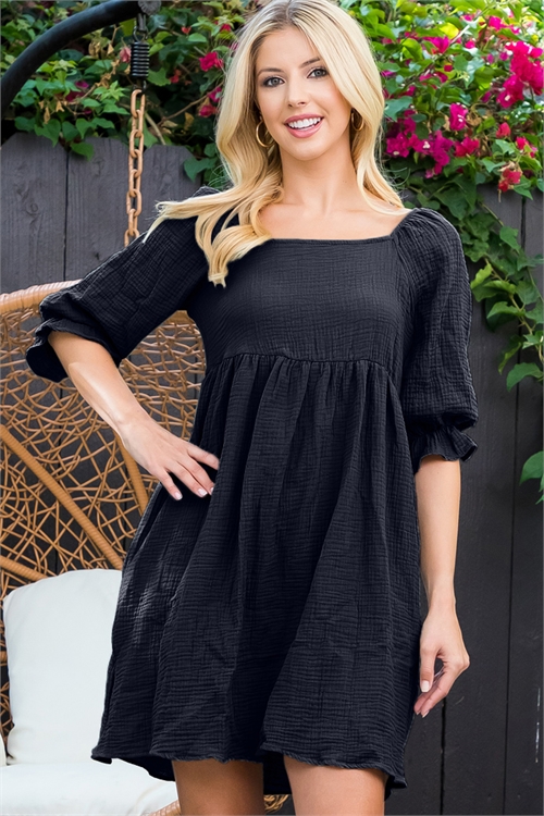 BLK-6-2-MUD10012-BK-A - GUAZE ELASTIC QUARTER SLEEVE BABYDOLL DRESS- BLACK 4-4-0-0