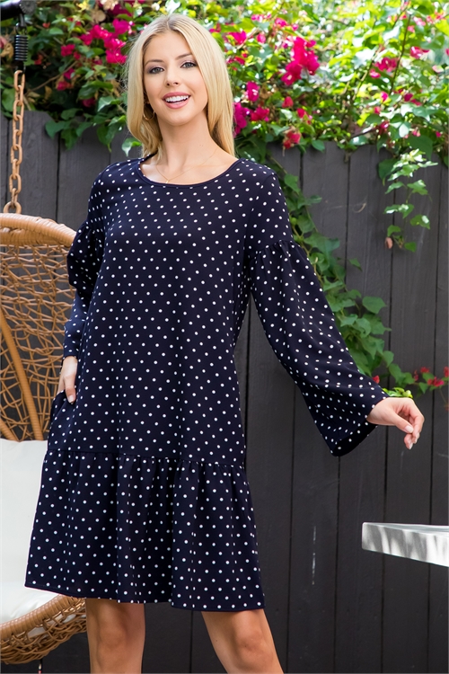 S16-7-2-MUD10013-NV - LONG WIDE SLEEVE POLKA DOT ABOVE KNEE DRESS- NAVY 2-2-2 (NOW $7.75 ONLY! )