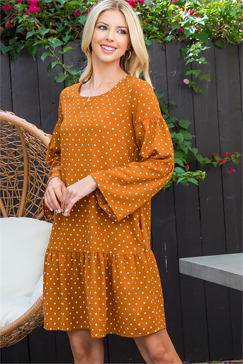 S16-7-2-MUD10013-TRCT - LONG WIDE SLEEVE POLKA DOT ABOVE KNEE DRESS- TERRACOTA 2-2-2 (NOW $7.75 ONLY! )