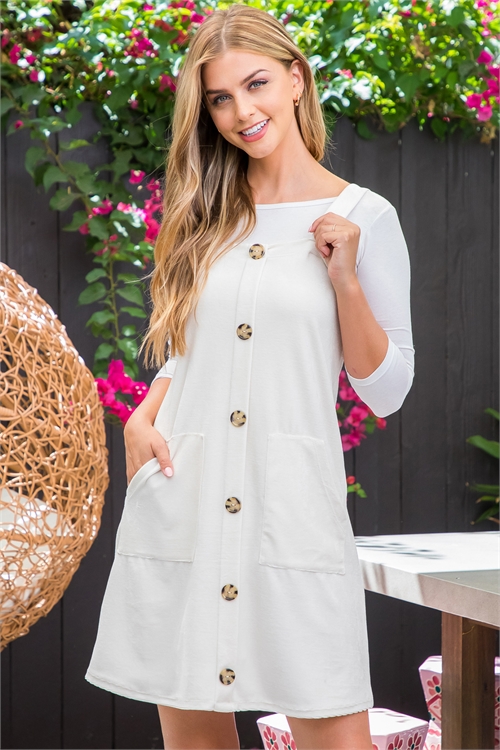 S14-3-1-MUD10014-IV - BUTTON DOWN FRONT POCKET JUMPER DRESS- IVORY 2-2-2 (NOW $6.75 ONLY! )