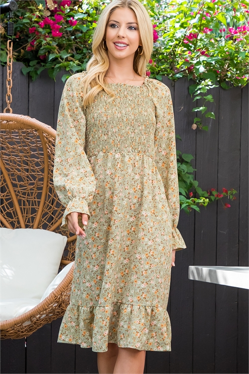 S9-14-3-MUD10015-SG-1 - FLORAL OFF-SHOULDER SMOCKED DRESS- SAGE 0-1-1