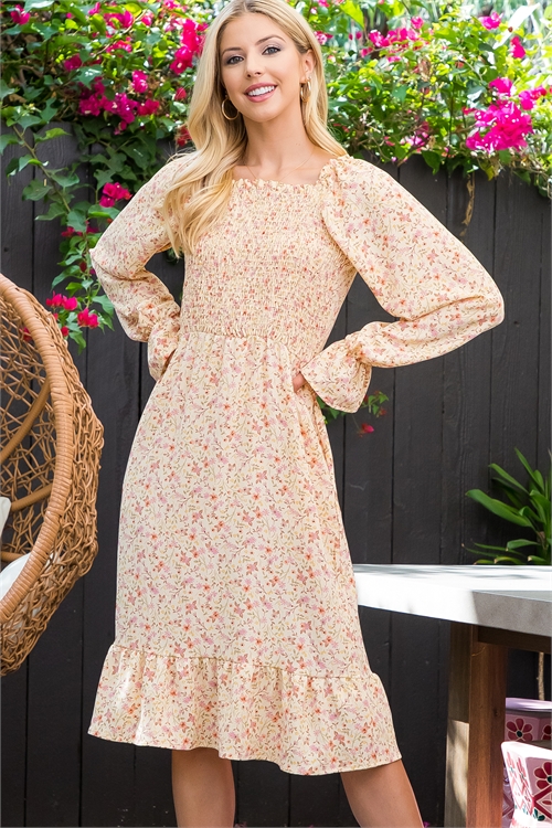 S16-1-2-MUD10015-VNL - FLORAL OFF-SHOULDER SMOCKED DRESS- VANILLA 2-2-2 (NOW $12.75 ONLY! )