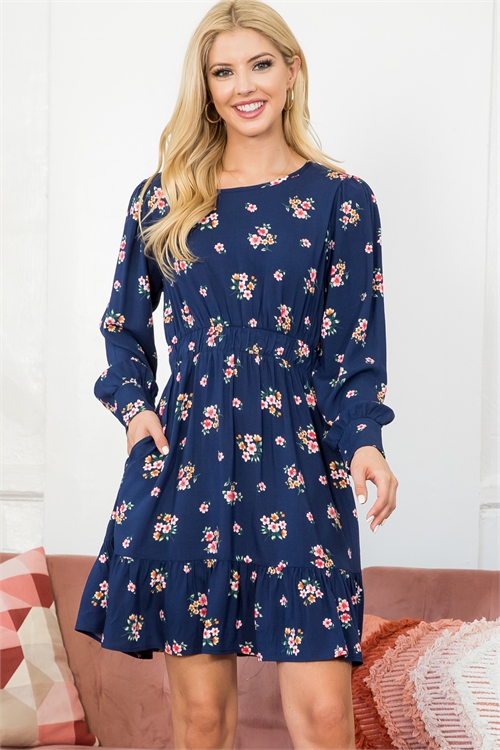 S14-12-1-MUD10019-NV - FLORAL ELASTIC WAIST RUFFLE HEM DRESS- NAVY 2-2-2 (NOW $6.75 ONLY! )