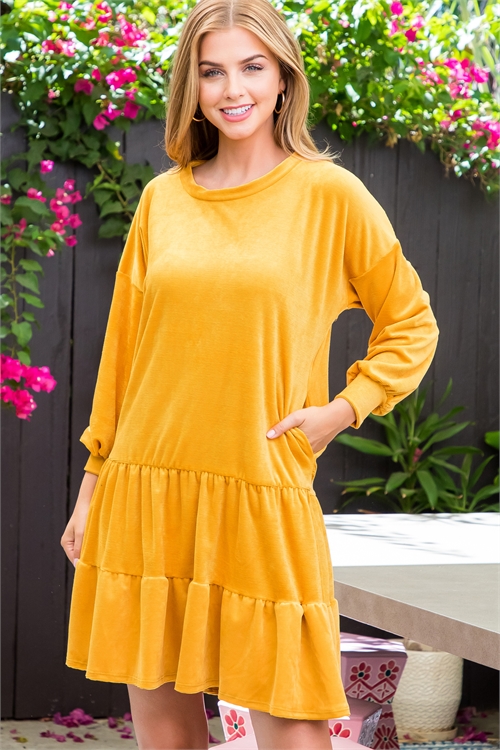 S14-6-1-MUD10021-MU - PUFF SLEEVE RUFFLE HEM SOLID DRESS- MUSTARD 2-2-2 (NOW $5.75 ONLY!)