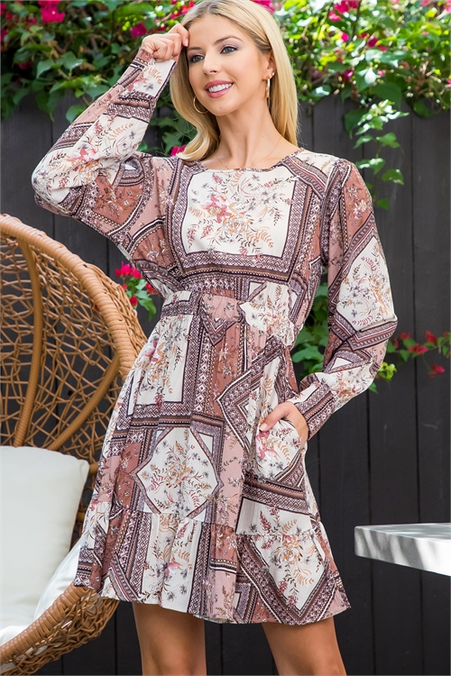 S9-2-3-MUD10024-RS - TILE FLORAL LONG SLEEVE DRESS- ROSE 2-2-2 (NOW $8.75 ONLY!)