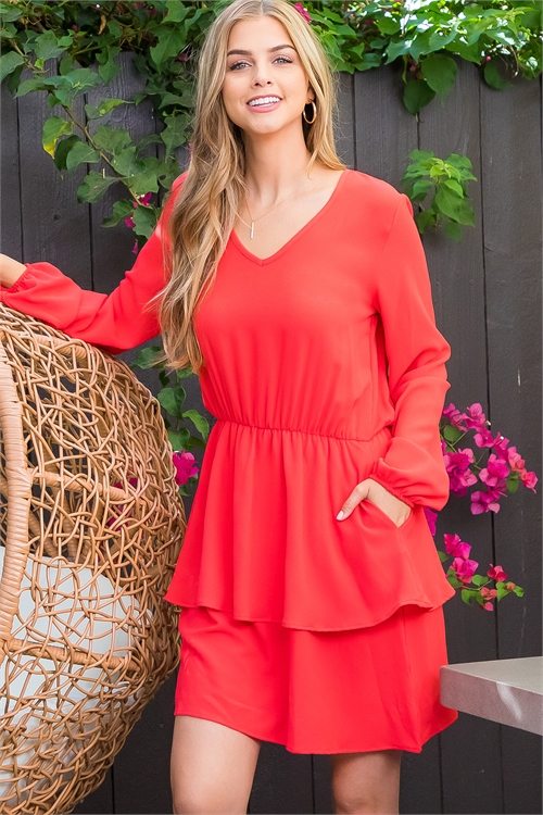 BLK4-2-MUD10027-TMTRD-A - LAYERED RUFFLE ELASTIC LONG SLEEVE DRESS- TOMATO RED 2-2-1 (NOW $8.75 ONLY! )