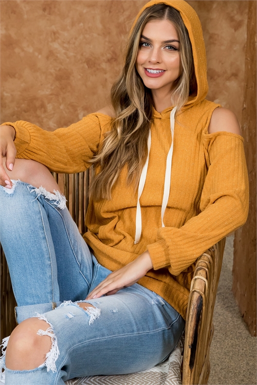 S16-4-5-MUT20007-MU-1 - COLD SHOULDER GLITTER DETAIL TWILL TAPE SELF TIE HOODIE- MUSTARD 1-1-2