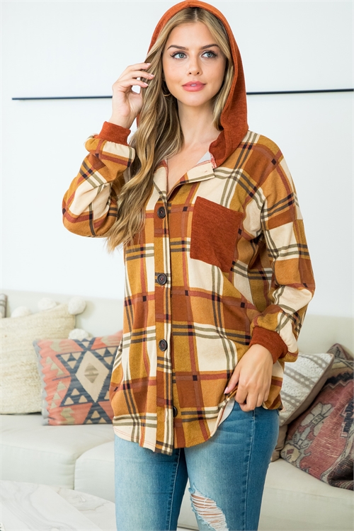 S4-10-2-MUT20008-RUCRMRU - PLAID BUTTON DOWN LONG SLEEVE HOODIE SHACKET- RUST/CREAM-RUST 2-2-2 (NOW $10.75 ONLY!)