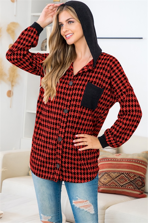 S15-12-4-MUT20009-RDBK-1 - HOUNDSTOOTH BUTTON DOWN LONG SLEEVE HOODIE SHACKET- RED-BLACK 0-1-2