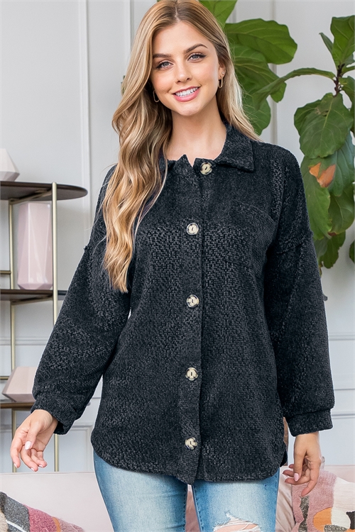S12-7-3-MUT20011-BK - CHENILLE BUTTON DOWN LONG SLEEVE SHACKET- BLACK 2-2-2 (NOW $12.75 ONLY!)