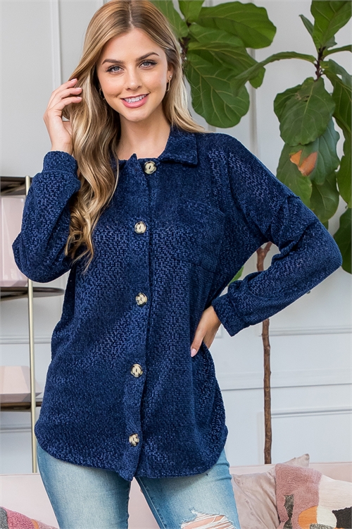 S14-1-1-MUT20011-NV - CHENILLE BUTTON DOWN LONG SLEEVE SHACKET- NAVY 2-2-2