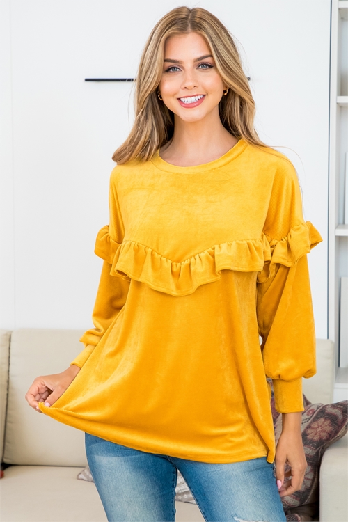 S10-10-2-MUT20013-LTMU - PUFF SLEEVE RUFFLE DETAIL CORDUROY TOP- LIGHT MUSTARD 2-2-2