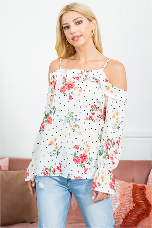 S7-1-4-MUT20021-IV - RUFFLE DETAIL SPAGHETTI STRAP FLORAL TOP- IVORY 2-2-2