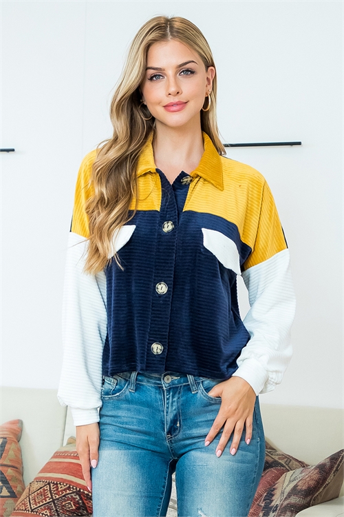 S11-4-4-MUT20024-NVMUIV-1 - COLOR BLOCK BUTTON DOWN VELVET TOP- NAVY-MUSTARD-IVORY 0-1-2