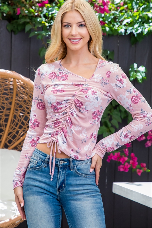 S11-4-3-MUT20028-DSTPK - FRONT TUNNEL DETAIL LONG SLEEVE FLORAL TOP- DUSTY PINK 2-2-2