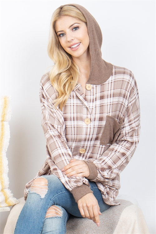 S7-2-3-MUT20030-STNMC - PLAID BUTTON DOWN LONG SLEEVE HOODIE SHACKET- STONE-MOCHA 2-2-2