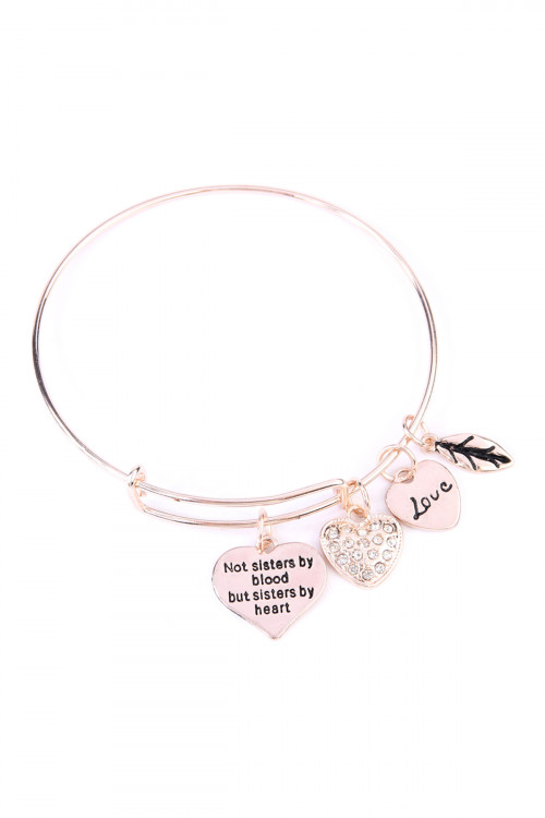 S22-10-4-MYB1030RG ROSE GOLD SISTER'S LOVE HEART CHARM BANGLE BRACELET/6PCS