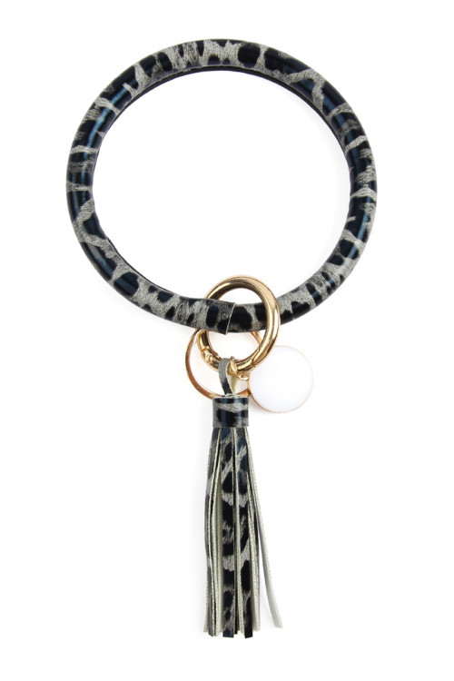 SA3-1-3-MYB1034-1 LEOPARD BLACK LEATHER COATED KEY RING WITH PENDANT CHARM AND LEATHER TASSEL BRACELET/6PCS