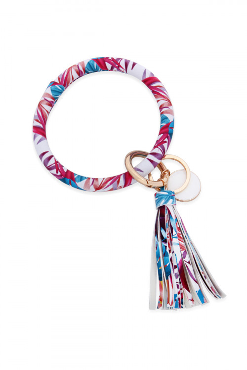 A1-2-3-MYB1034-22 FLORAL 1 LEATHER COATED KEY RING WITH PENDANT CHARM AND LEATHER TASSEL/6PCS