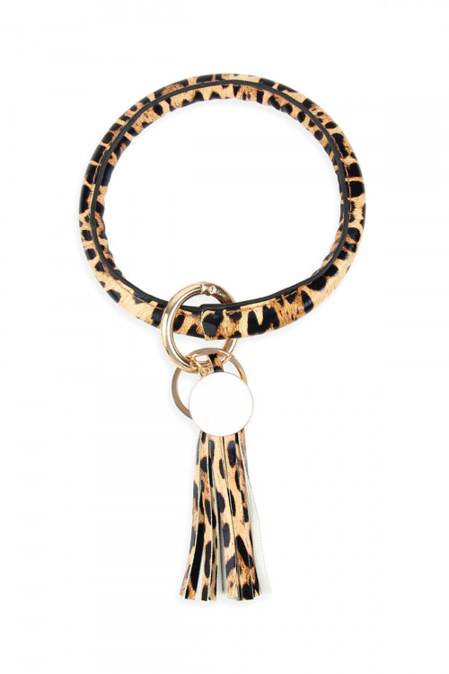 SA4-1-3-MYB1034-4 LEOPARD BROWN LEATHER COATED KEY RING WITH PENDANT CHARM AND LEATHER TASSEL BRACELET/6PCS