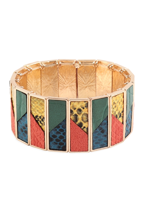 S22-1-1-MYB1229MT1G - ANIMAL PRINT LEATHER STRETCH BRACELET-GOLD MULTI 1/6PCS