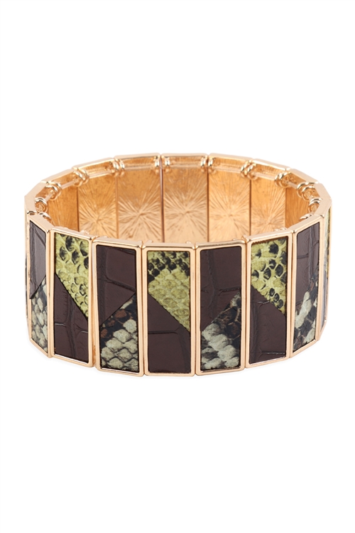 S22-1-1-MYB1229MT5G - ANIMAL PRINT LEATHER STRETCH BRACELET-GOLD MULTI 5/6PCS