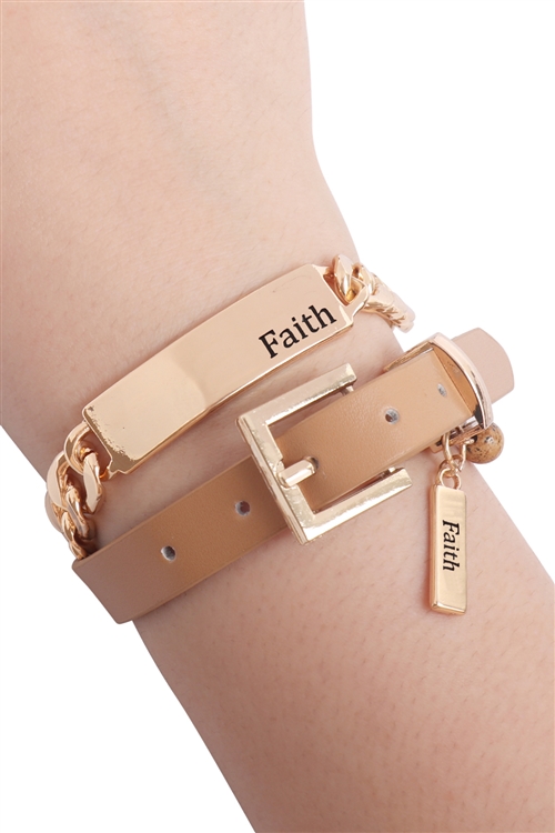 S20-11-1-MYB1238BR-FAITH CHARM CHAIN-LEATHER BRACELET/CHOKER-BROWN/6PCS