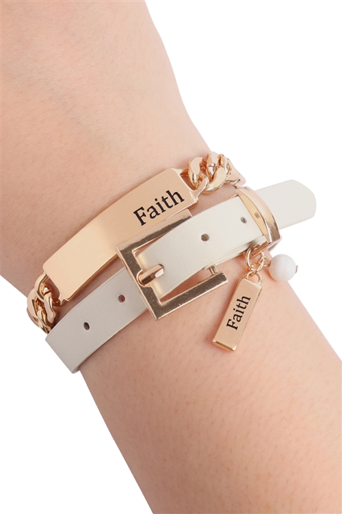 S20-11-1-MYB1238IV-FAITH CHARM CHAIN-LEATHER BRACELET/CHOKER-IVORY/6PCS