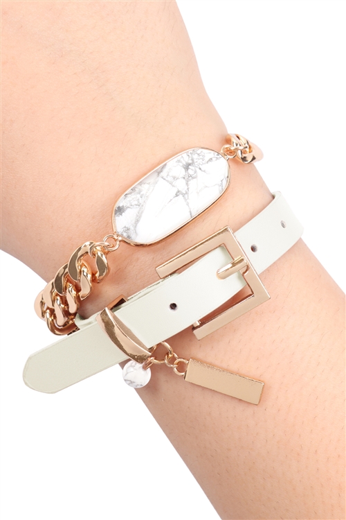 S20-10-1-MYB1241WH-OVAL STONE CHARM LONG CHAIN-LEATHER BRACELET-WHITE/6PCS