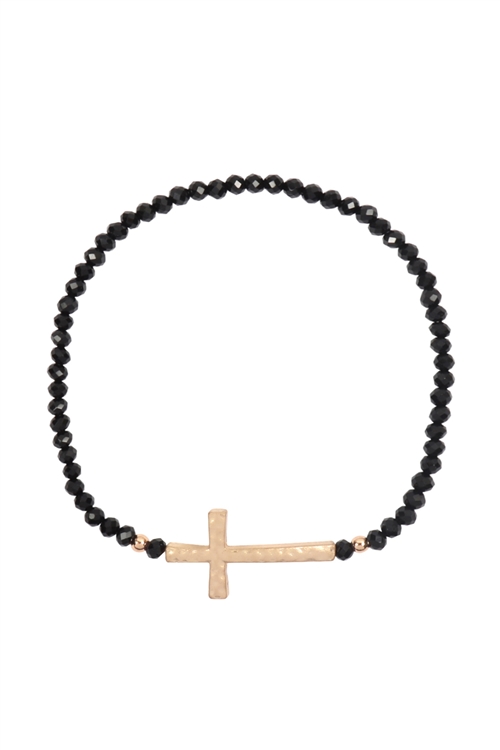 S20-10-3-MYB1267BK-CROSS CHARM RONDELLE BEADS BRACELET-BLACK/6PCS