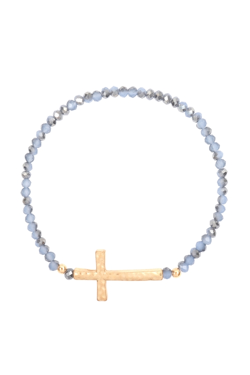 S20-10-3-MYB1267BL-CROSS CHARM RONDELLE BEADS BRACELET-BLUE/6PCS