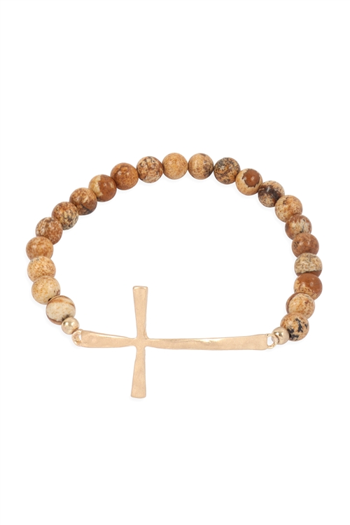 S18-7-3-MYB1314LCT-CROSS CHARM NATURAL STONE BEADS BRACELET-BROWN/6PCS