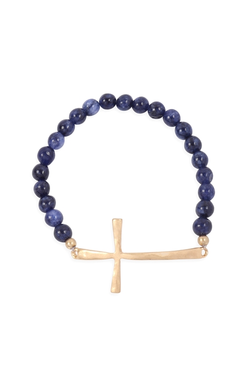 S18-7-3-MYB1314SOD-CROSS CHARM NATURAL STONE BEADS BRACELET-NAVY/6PCS