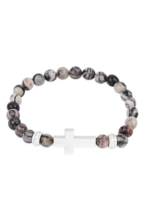 S20-2-2-MYB1423MSBK-CROSS CHARM BEADED BRACELET-MATTE SILVER BLACK/6PCS