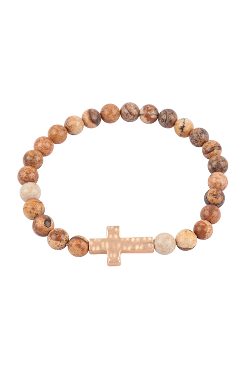 S19-10-4-MYB1497LCT - NATURAL STONE CROSS HAMMERED STRETCH BRACELET - LIGHT BROWN/6PCS