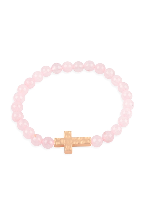 S19-11-1-MYB1497PK - NATURAL STONE CROSS HAMMERED STRETCH BRACELET - PINK/6PCS