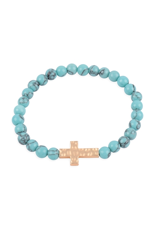 S19-10-1-MYB1497TQ - NATURAL STONE CROSS HAMMERED STRETCH BRACELET - TURQUOISE/6PCS