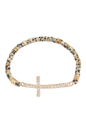 S21-9-1-MYB1507DAL - CROSS RHINESTONE  WITH NATURAL STONE BEADS STRETCH BRACELET-DALMATIAN/6PCS